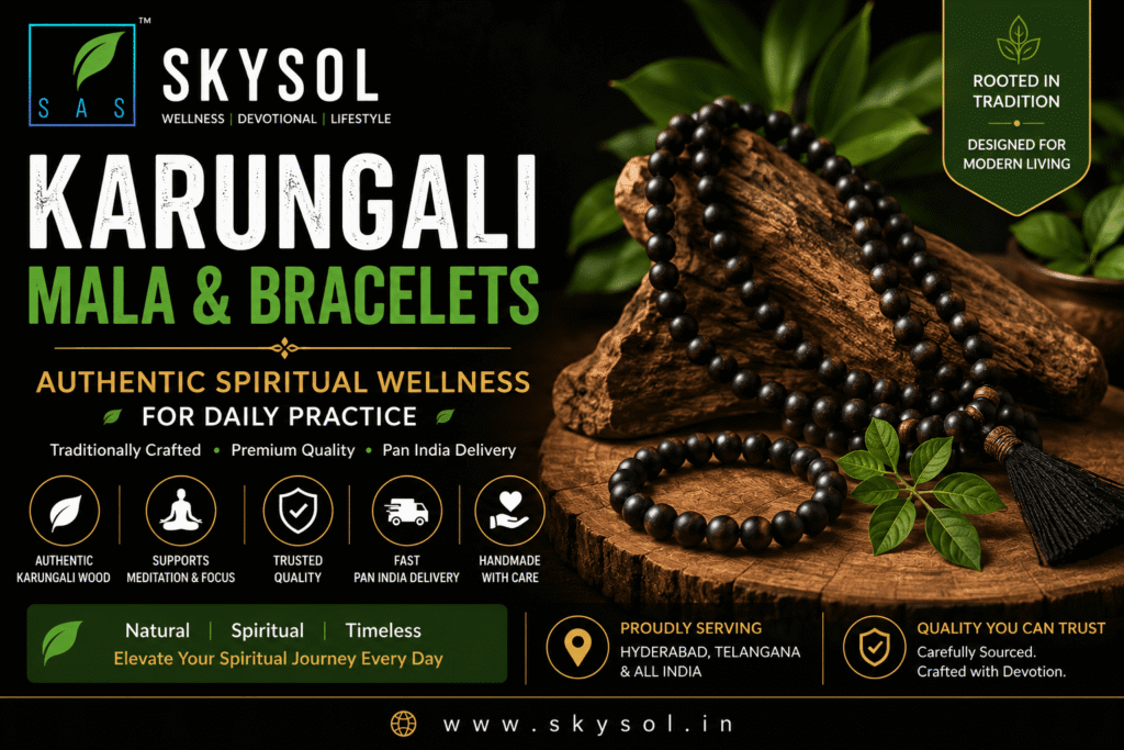 Karungali Mala and Bracelet Benefits with authentic Karungali wood products from SKYSOL Hyderabad