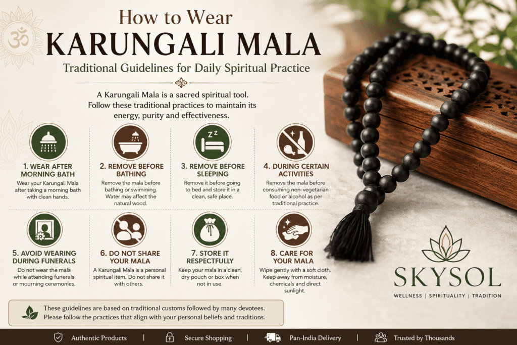 to Wear Karungali Mala correctly with traditional care guidelines from SKYSOL